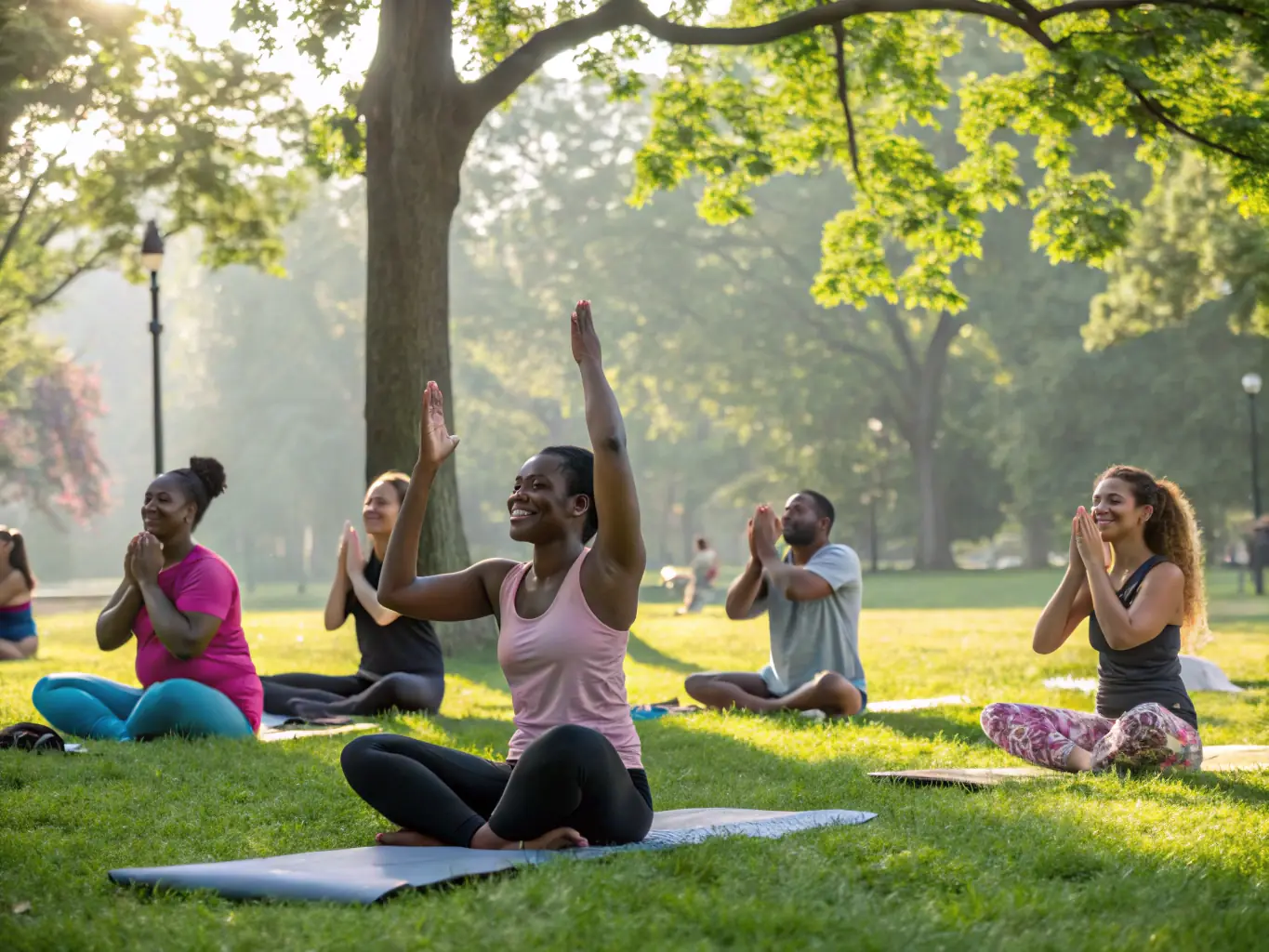 A diverse group of people are participating in a community health and wellness event, such as a yoga class in a park, highlighting the importance of preventive care.