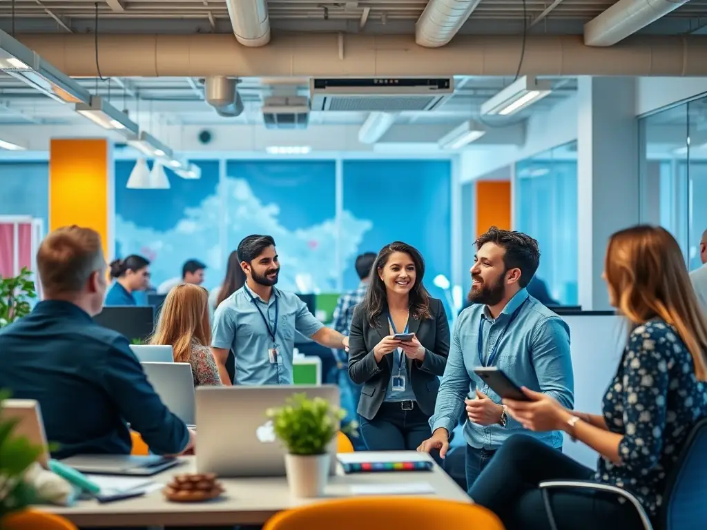 A vibrant image showcasing a diverse group of people smiling and interacting in a modern, sunlit office, symbolizing the inclusive and supportive environment of Top Producer's health insurance plans.